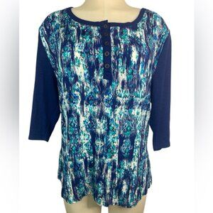 Bit & Bridle 3/4 Sleeve Blue Patterned Women's Top Large